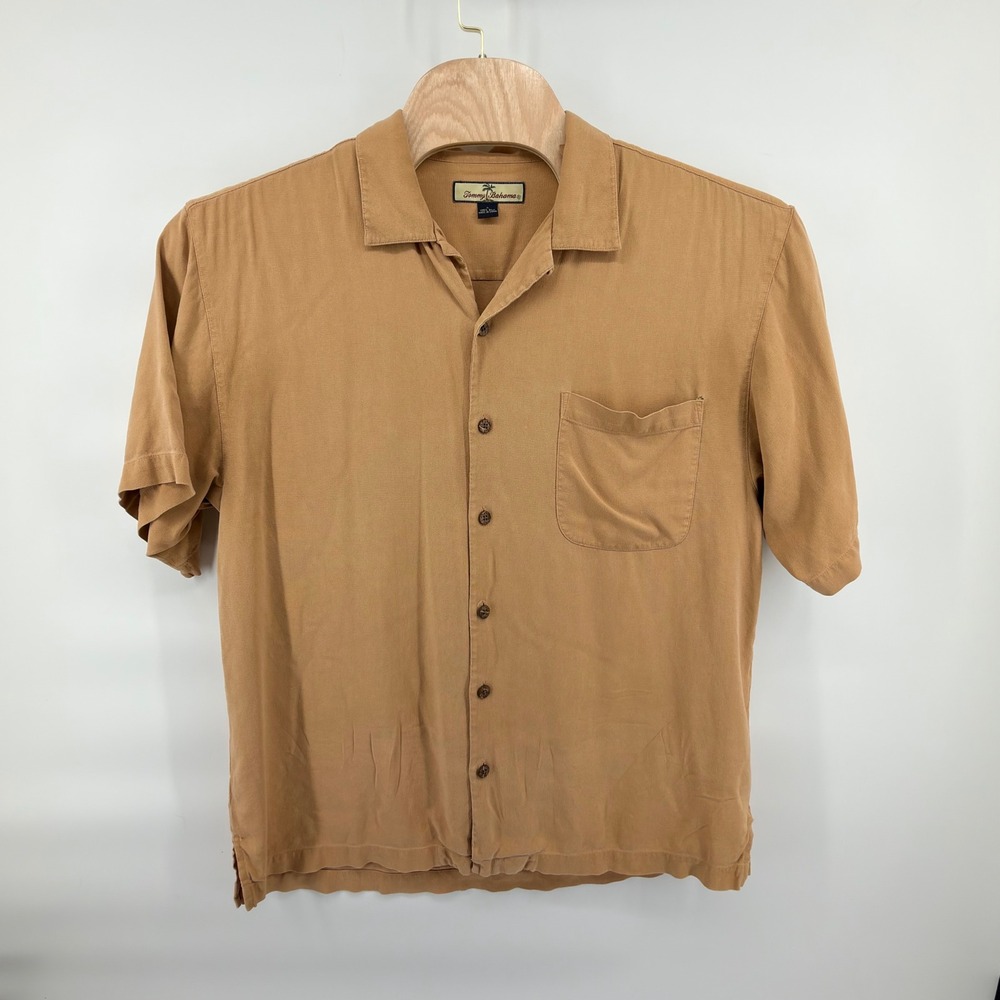 Tommy Bahama Button Front Shirt Mens L Tan 100% Silk Short Sleeve Camp Collar